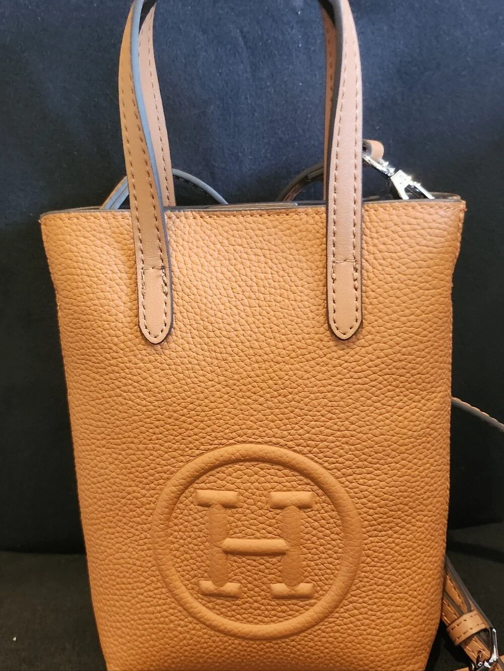 Tan Leather Crossbody Tote with Embossed H Logo